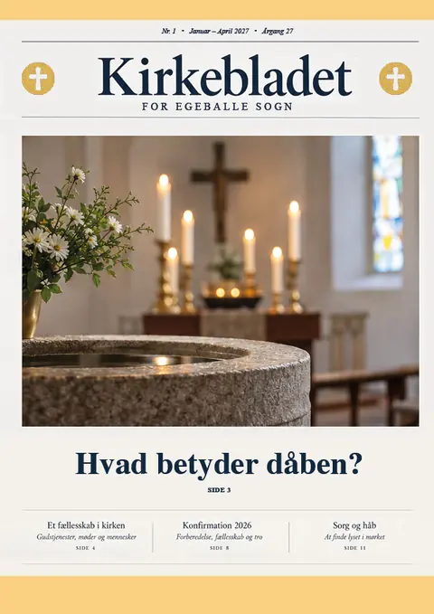 Eksempel p&aring; klassisk kirkeblad med d&oslash;befonten og alterlys p&aring; forsiden
